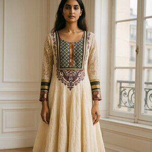 Elegant Indian Wedding Anarkali Cream and Purple Embroidered Dress Size Medium